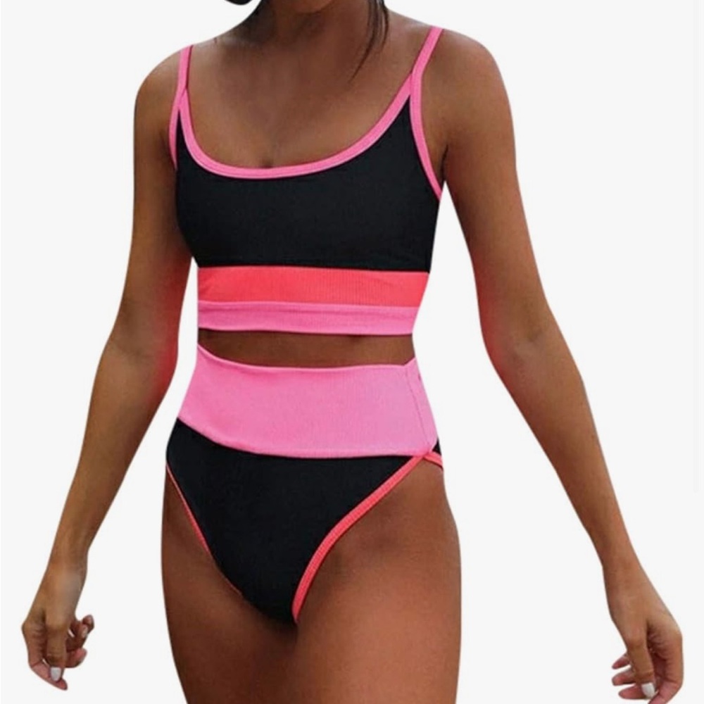Womens High Waisted Color Block Two Piece Bikini Set